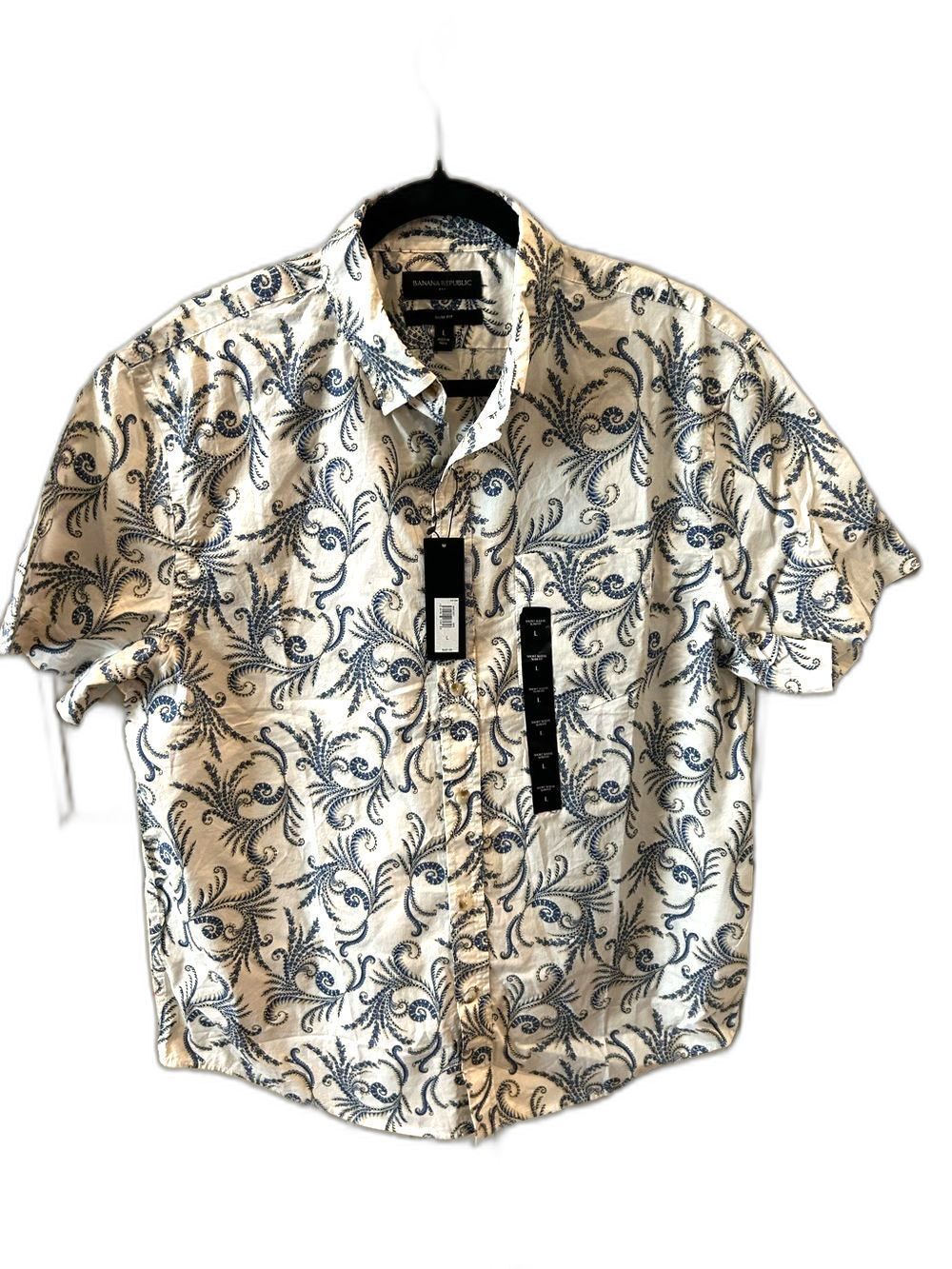 Banana Republic White & Blue Short-Sleeve Button-Down Shirt - Size L